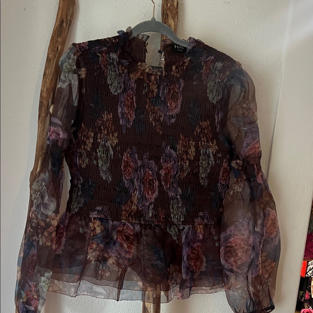 Fate Dark Brown Floral Smocked Sheer Peplum Blouse - Chocolate, Purple XL NWT - Picture 10 of 10